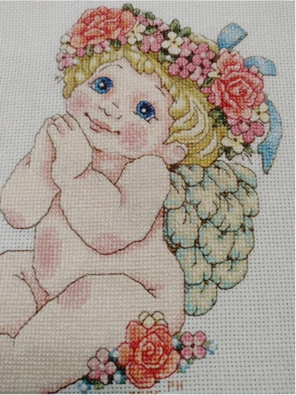 Handmade Blue and White Angel Cherub Cross Stitch Picture Frame 9x11